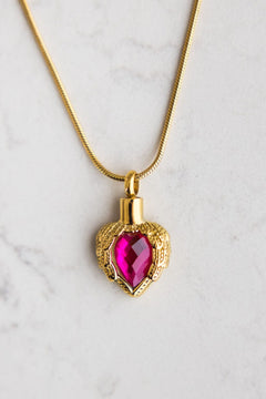 Golden Angel Wings Heart Cremation Urn Necklace With Gemstone