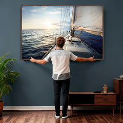 Sailboat Wall Art Canvas Print, Ocean Sunset Sailing Framed