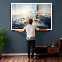 Sailboat Wall Art Canvas Print, Ocean Sunset Sailing Framed