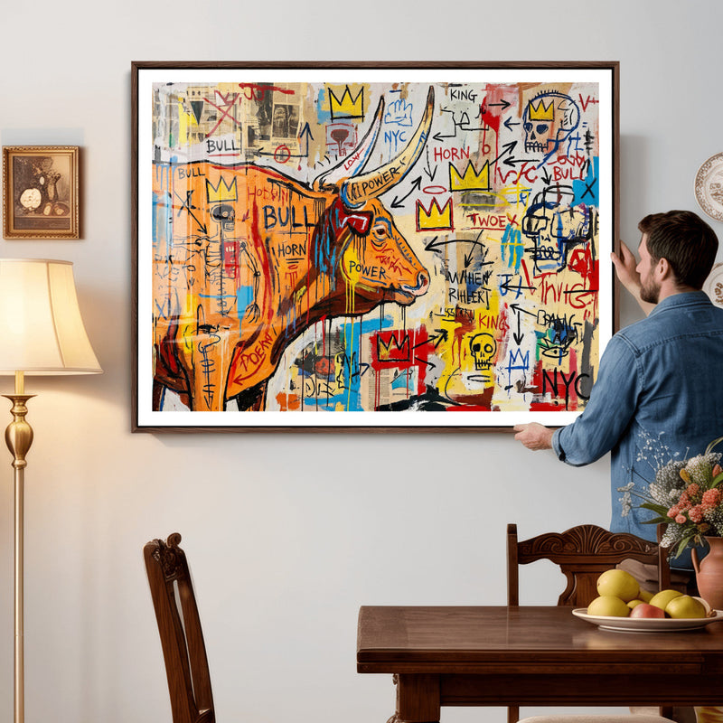 Basquiat Style Bull Graffiti Wall Art Canvas Print, Street