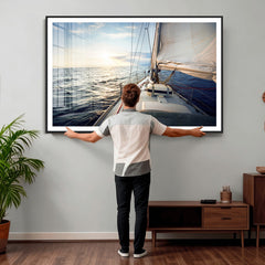 Sailboat Wall Art Canvas Print, Ocean Sunset Sailing Framed