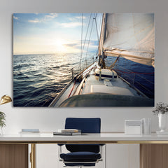 Sailboat Wall Art Canvas Print, Ocean Sunset Sailing Framed