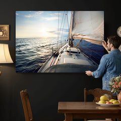 Sailboat Wall Art Canvas Print, Ocean Sunset Sailing Framed