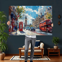 London City Street Wall Art Canvas Print, Big Ben & Red Bus