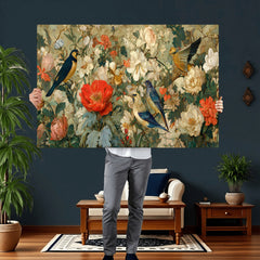 Vintage Birds and Flowers Wall Art Canvas Print, Botanical