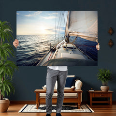 Sailboat Wall Art Canvas Print, Ocean Sunset Sailing Framed