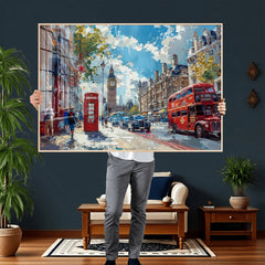 London City Street Wall Art Canvas Print, Big Ben & Red Bus