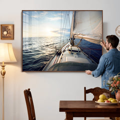 Sailboat Wall Art Canvas Print, Ocean Sunset Sailing Framed