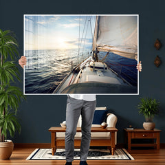Sailboat Wall Art Canvas Print, Ocean Sunset Sailing Framed