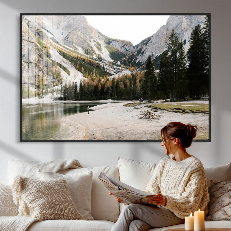 Lake Braies Alpine Landscape Wall Art Canvas Print,