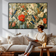 Vintage Birds and Flowers Wall Art Canvas Print, Botanical