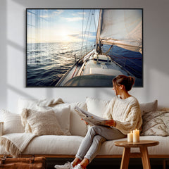 Sailboat Wall Art Canvas Print, Ocean Sunset Sailing Framed