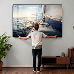 Sailboat Wall Art Canvas Print, Ocean Sunset Sailing Framed