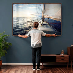 Sailboat Wall Art Canvas Print, Ocean Sunset Sailing Framed