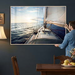 Sailboat Wall Art Canvas Print, Ocean Sunset Sailing Framed