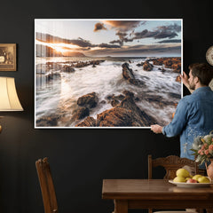 Rocky Coast Ocean Sunset Wall Art Canvas Print, Dramatic