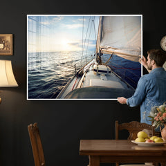 Sailboat Wall Art Canvas Print, Ocean Sunset Sailing Framed