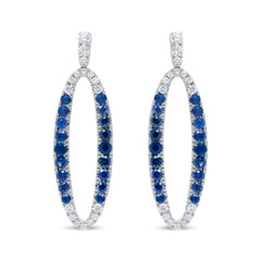 18K White Gold 1.11 Cttw Blue Round Diamond and Blue Sapphire Openwork Oval Shaped Dangle Earrings (F-G Color, VS1-VS2 Clarity)