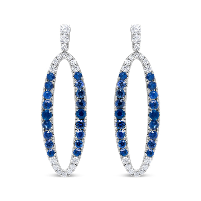 18K White Gold 1.11 Cttw Blue Round Diamond and Blue Sapphire Openwork Oval Shaped Dangle Earrings (F-G Color, VS1-VS2 Clarity)