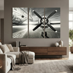 Vintage Airplane Wall Art Canvas Print, Black and White