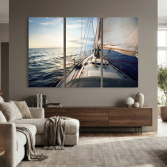 Sailboat Wall Art Canvas Print, Ocean Sunset Sailing Framed