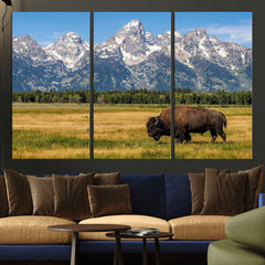 Bison in Mountain Landscape Wall Art Canvas Print – Western