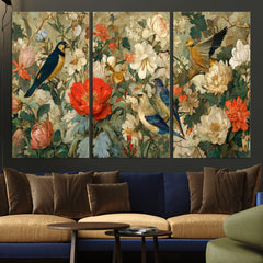 Vintage Birds and Flowers Wall Art Canvas Print, Botanical