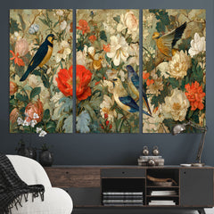 Vintage Birds and Flowers Wall Art Canvas Print, Botanical