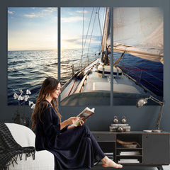 Sailboat Wall Art Canvas Print, Ocean Sunset Sailing Framed