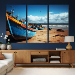 Fishing Boats Wall Art Canvas Print, Coastal Boat Beach