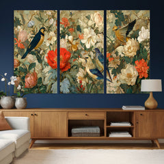 Vintage Birds and Flowers Wall Art Canvas Print, Botanical