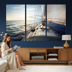Sailboat Wall Art Canvas Print, Ocean Sunset Sailing Framed