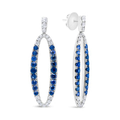 18K White Gold 1.11 Cttw Blue Round Diamond and Blue Sapphire Openwork Oval Shaped Dangle Earrings (F-G Color, VS1-VS2 Clarity)