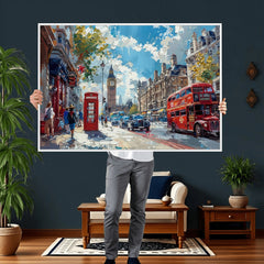 London City Street Wall Art Canvas Print, Big Ben & Red Bus