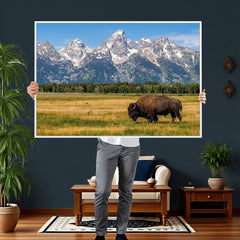 Bison in Mountain Landscape Wall Art Canvas Print – Western
