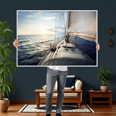 Sailboat Wall Art Canvas Print, Ocean Sunset Sailing Framed