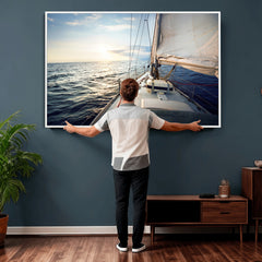Sailboat Wall Art Canvas Print, Ocean Sunset Sailing Framed