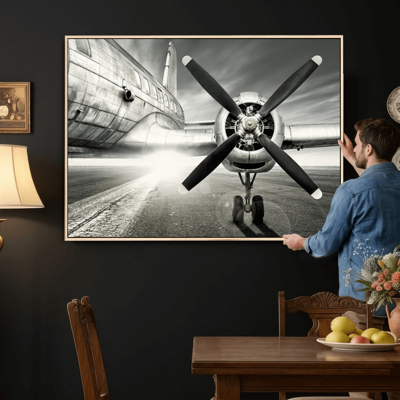 Vintage Airplane Wall Art Canvas Print, Black and White