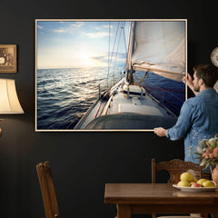 Sailboat Wall Art Canvas Print, Ocean Sunset Sailing Framed