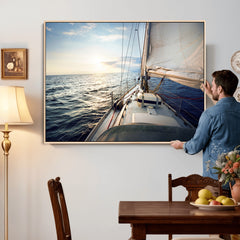 Sailboat Wall Art Canvas Print, Ocean Sunset Sailing Framed