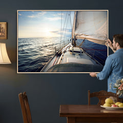 Sailboat Wall Art Canvas Print, Ocean Sunset Sailing Framed