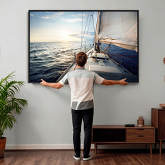 Sailboat Wall Art Canvas Print, Ocean Sunset Sailing Framed