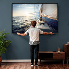 Sailboat Wall Art Canvas Print, Ocean Sunset Sailing Framed