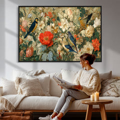 Vintage Birds and Flowers Wall Art Canvas Print, Botanical