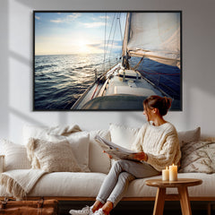 Sailboat Wall Art Canvas Print, Ocean Sunset Sailing Framed