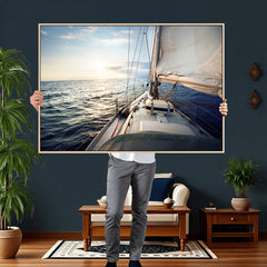 Sailboat Wall Art Canvas Print, Ocean Sunset Sailing Framed