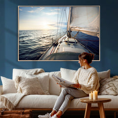 Sailboat Wall Art Canvas Print, Ocean Sunset Sailing Framed