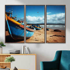 Fishing Boats Wall Art Canvas Print, Coastal Boat Beach