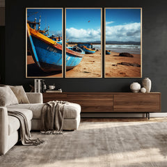 Fishing Boats Wall Art Canvas Print, Coastal Boat Beach