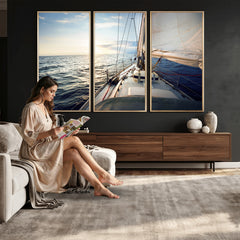 Sailboat Wall Art Canvas Print, Ocean Sunset Sailing Framed